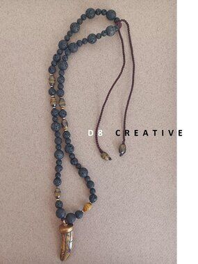 New men's black lava stone with agate and horns pendant hand woven necklace